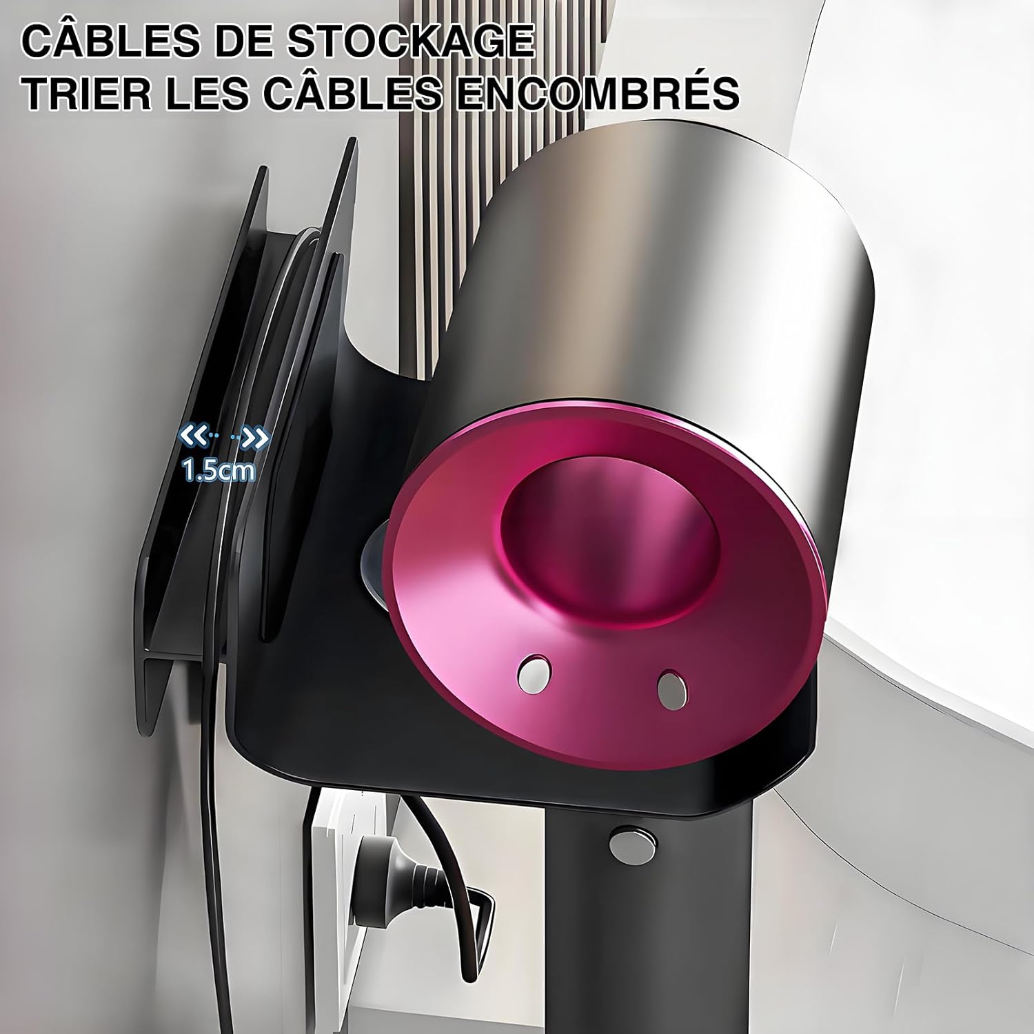 Support sèche-cheveux sans perçage : rangement élégant en aluminium pour les hôtels et chambres de bain – Image 2
