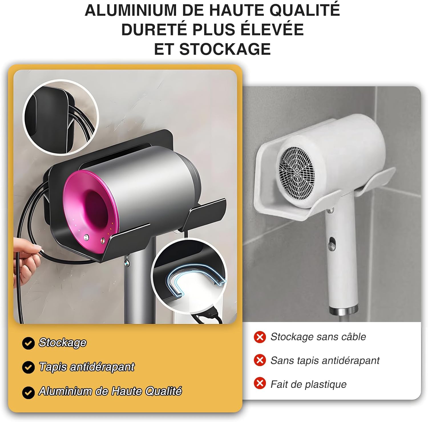Support sèche-cheveux sans perçage : rangement élégant en aluminium pour les hôtels et chambres de bain – Image 4