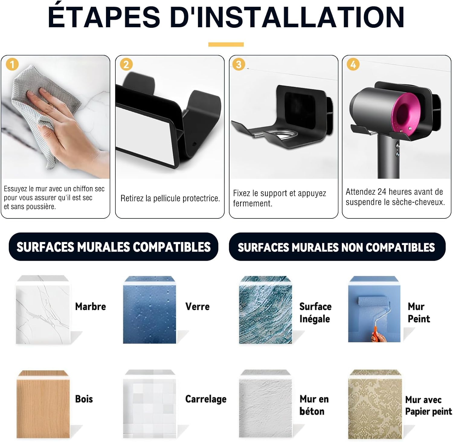 Support sèche-cheveux sans perçage : rangement élégant en aluminium pour les hôtels et chambres de bain – Image 5