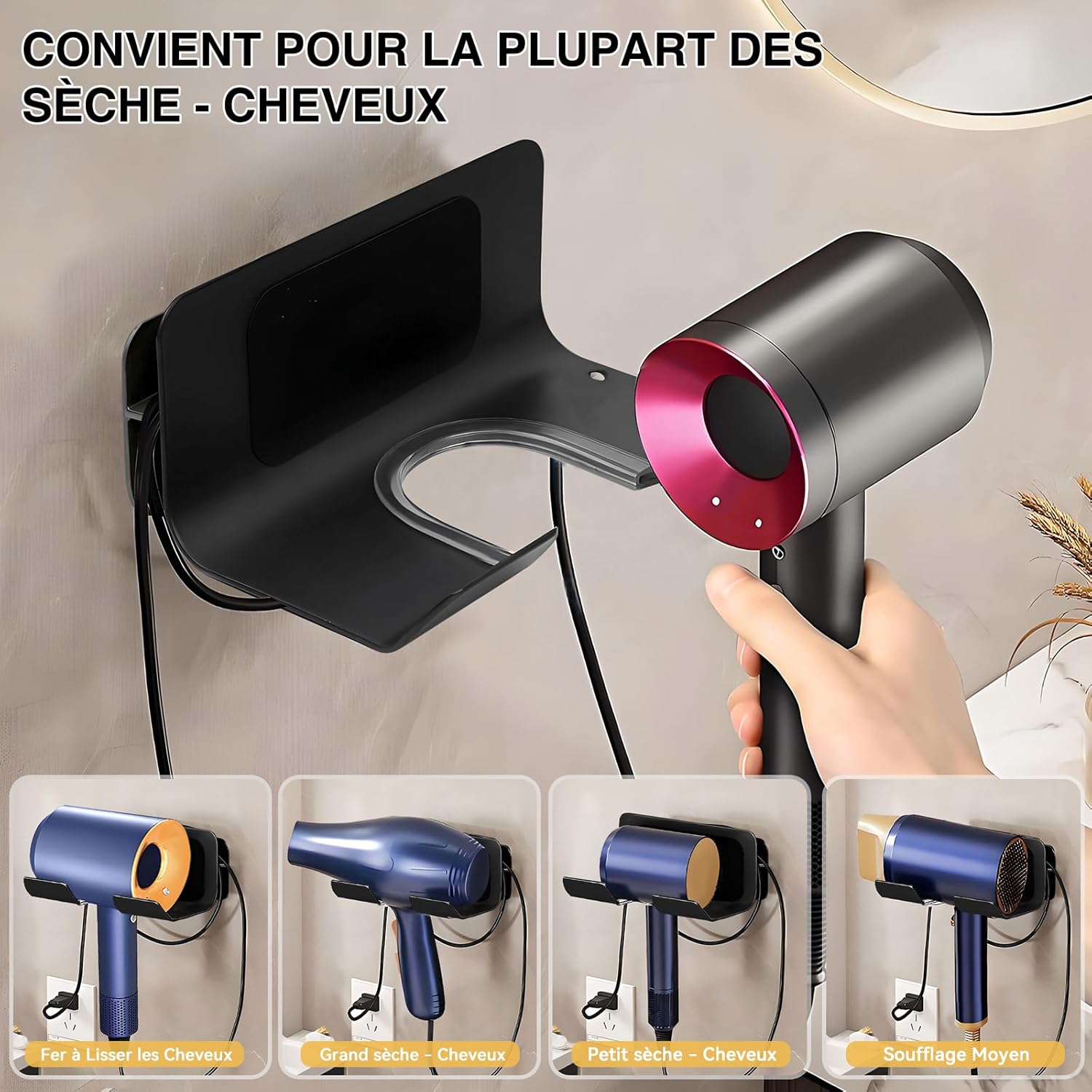 Support sèche-cheveux sans perçage : rangement élégant en aluminium pour les hôtels et chambres de bain – Image 6