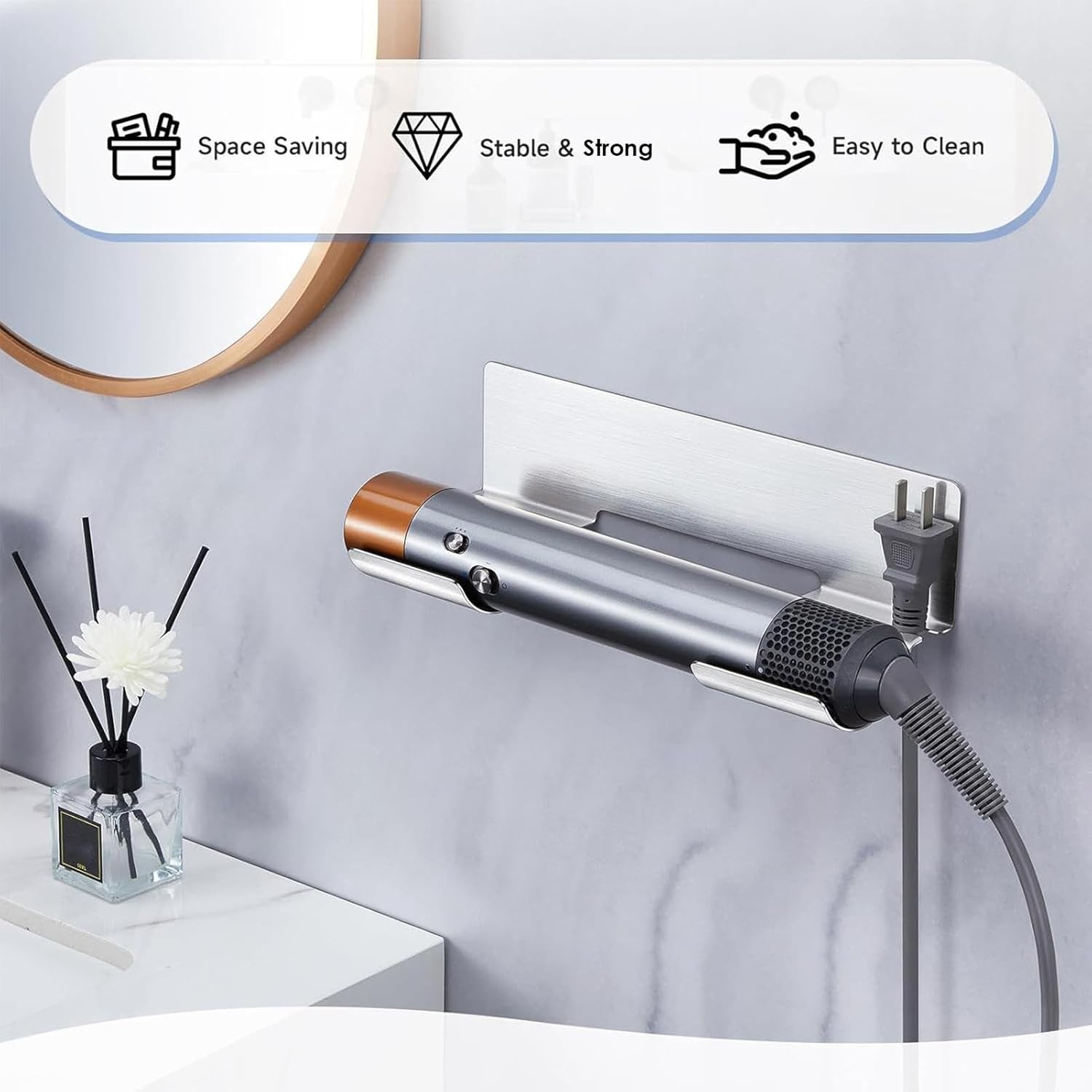 Support mural pour sèche-cheveux : l'étagère élégante pour un rangement optimal des outils de coiffure – Image 3