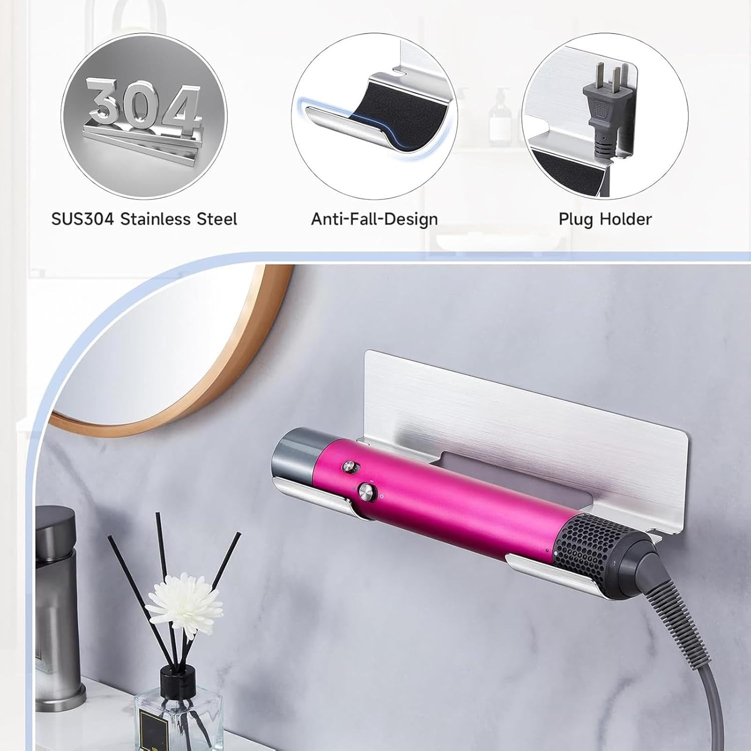 Cintre pour sèche-cheveux : support mural en acier inoxydable pour une salle de bain organisée Organiseur mural d'outils de coiffure pour accessoires de coiffure – idéal pour les passionnés de beauté – Image 3