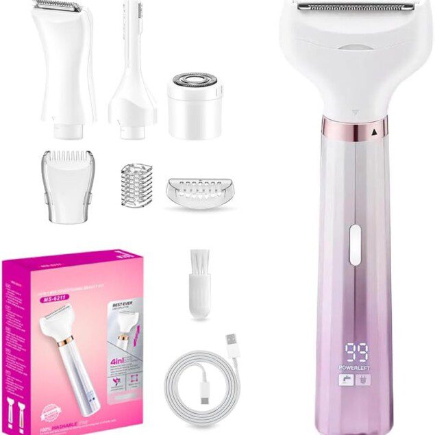 Epilateur électrique 4 en 1 : tondeuse intime sans fil pour femme avec affichage LED, idéale pour sourcils, visage, bras, jambes, aisselles et bikini