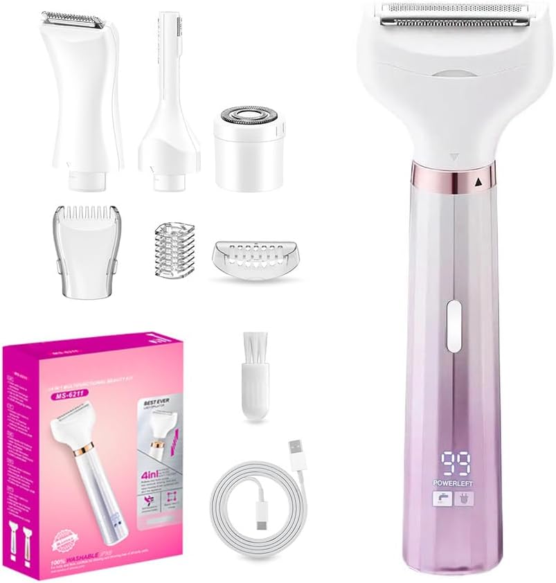 Epilateur électrique 4 en 1 : tondeuse intime sans fil pour femme avec affichage LED, idéale pour sourcils, visage, bras, jambes, aisselles et bikini