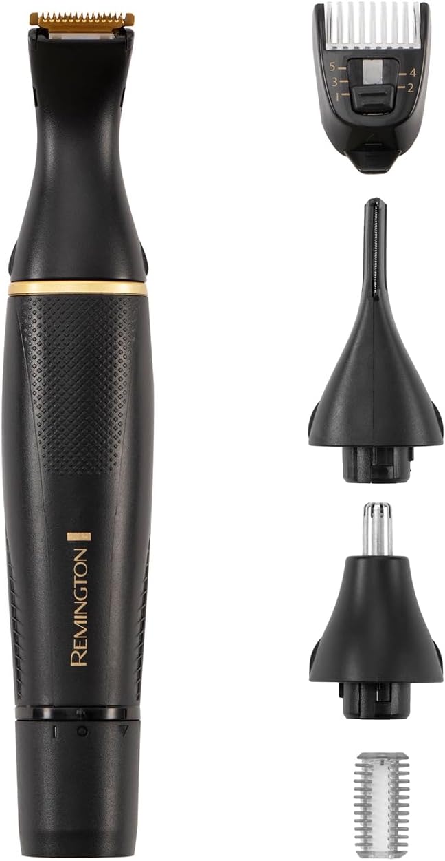Tondeuse nez multifonction : kit complet visage pour hommes exigeants  Découvrez la tondeuse nez Remington T-Series, conçue pour les hommes soucieux de leur apparence. Avec ses lames en titane auto-affûtées et ses trois têtes interchangeables, cette tondeuse est idéale pour entretenir la barbe, le nez, les oreilles et les sourcils. Profitez d’un design premium et de sabots ajustables pour un rasage précis et confortable. Offrez-vous un look impeccable en toutes circonstances !