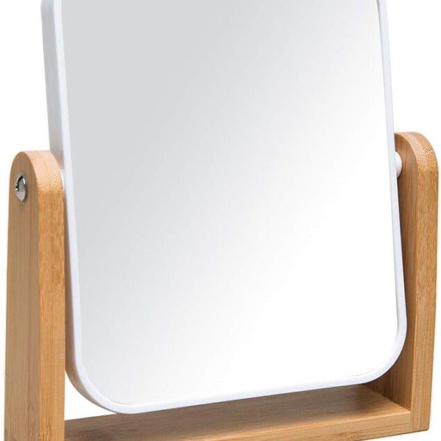 Miroir de maquillage avec support en bambou : l'allié idéal pour votre salle de bain   Découvrez un miroir cosmétique double face, grossissant et rotatif à 360 degrés, parfait pour les passionnées de beauté