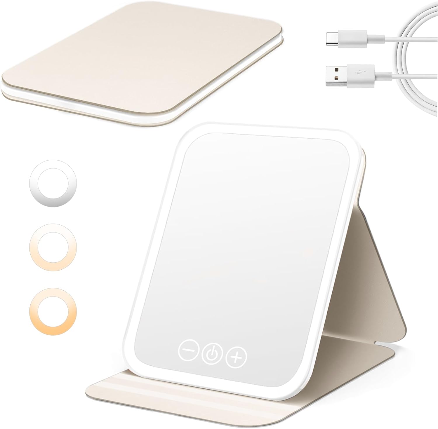 Miroir de maquillage lumineux : l'accessoire rechargeable et portable pour les voyages et la maison Découvrez le miroir pliable Ultra HD avec 3 couleurs de lumière et luminosité réglable, idéal pour un maquillage parfait en toutes circonstances.