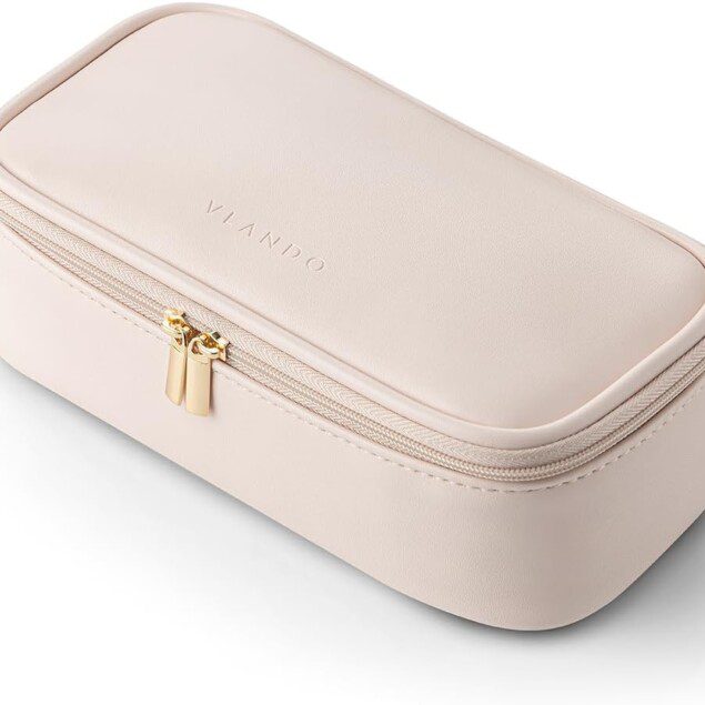Petite trousse de maquillage de voyage pour femme : élégance et praticité en cuir imperméable beige