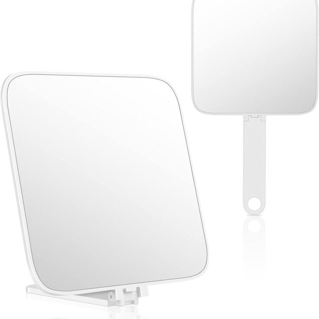 Miroir à main : l'accessoire incontournable pour les passionnés de beauté et de coiffure  Miroir de courtoisie avec poignée pliante et support suspendu, idéal pour le voyage, la salle de bain et le bureau