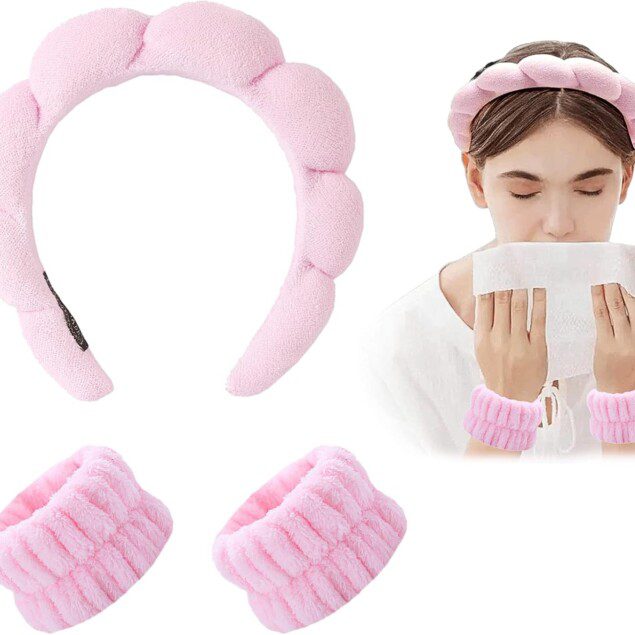 Bracelets de lavage en microfibre : bandeau spa élégant pour femmes, idéal pour un soin du visage sans éclaboussures