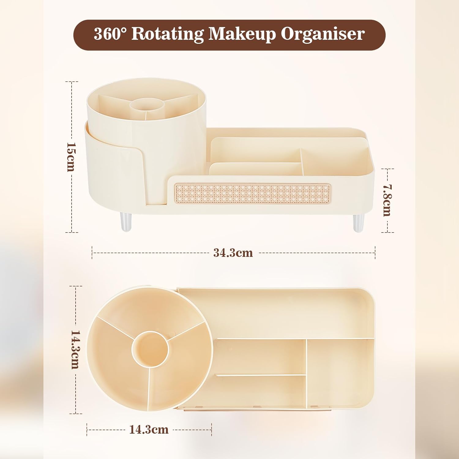 Organisateur maquillage rotatif 360 degrés : le rangement idéal pour les passionnées de beauté Découvrez notre organisateur maquillage 2 en 1, parfait pour optimiser l'espace de votre coiffeuse, salle de bain ou chambre à coucher. Grâce à ses multiples compartiments, il permet un rangement pratique et élégant de vos produits de beauté et pinceaux, tout en ajoutant une touche de style à votre décoration. – Image 2