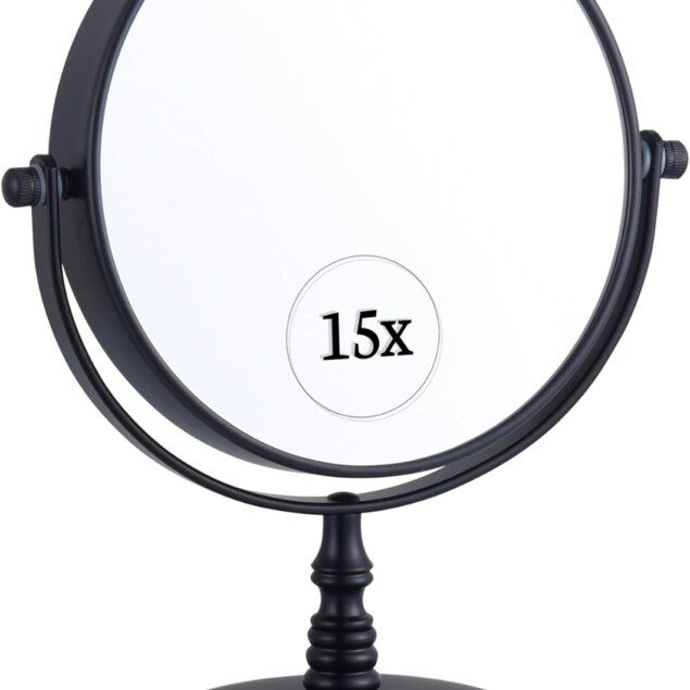 Miiror de maquillage grossissant x15 sur pied : l’accessoire idéal pour les passionnées de beauté Offrez-vous un reflet parfait grâce à ce miroir rond double face x15 et x1, parfait pour les coiffeuses et les salles de bains