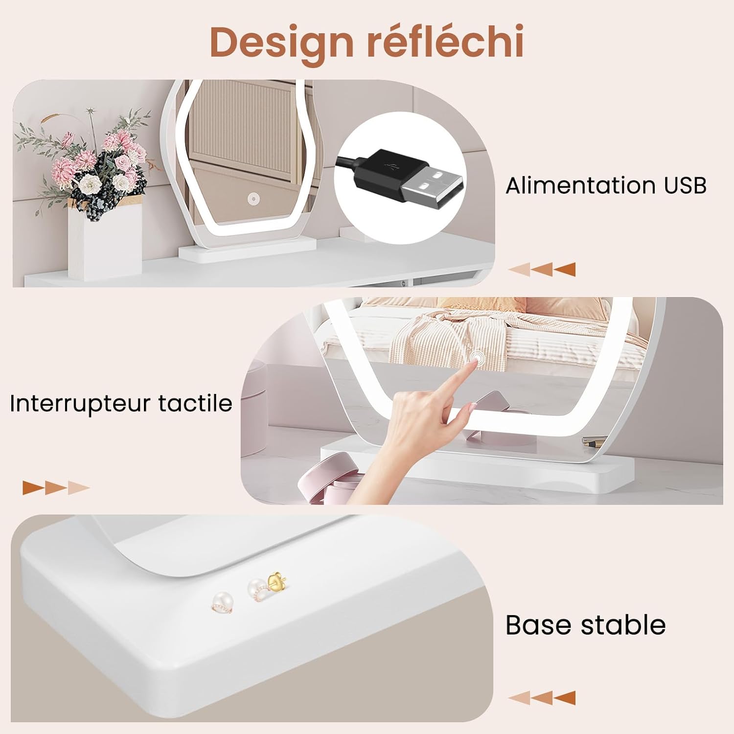 Miroir coiffeuse LED pour femmes : sublimez votre routine beauté avec 3 niveaux d'éclairage et luminosité réglable – Image 5