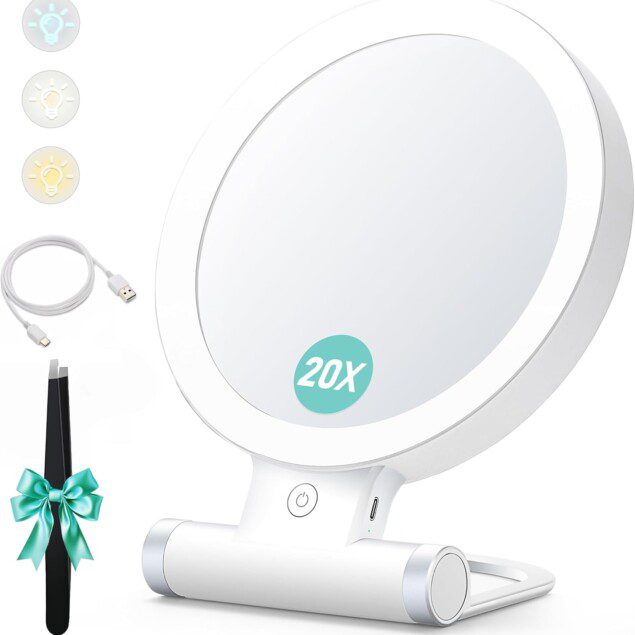 Miroir de maquillage portable : idéal pour les passionnées de beauté avec éclairage réglable et grossissement 20x