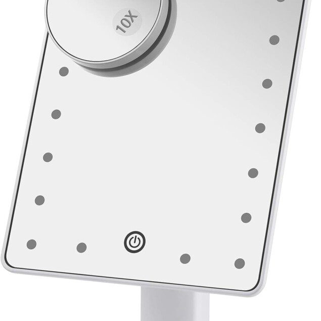 Miroir de maquillage avec lumières : la touche élégante pour les voyages et la courtoisie  Optimisé pour les passionnées de beauté, ce miroir de table à 21 lumières LED et écran tactile offre un agrandissement 10x et une rotation libre à 180°, pour un maquillage parfait en toutes circonstances.