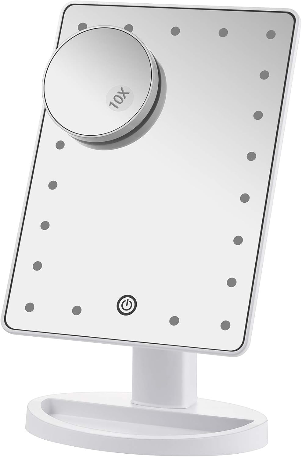 Miroir de maquillage avec lumières : la touche élégante pour les voyages et la courtoisie  Optimisé pour les passionnées de beauté, ce miroir de table à 21 lumières LED et écran tactile offre un agrandissement 10x et une rotation libre à 180°, pour un maquillage parfait en toutes circonstances.