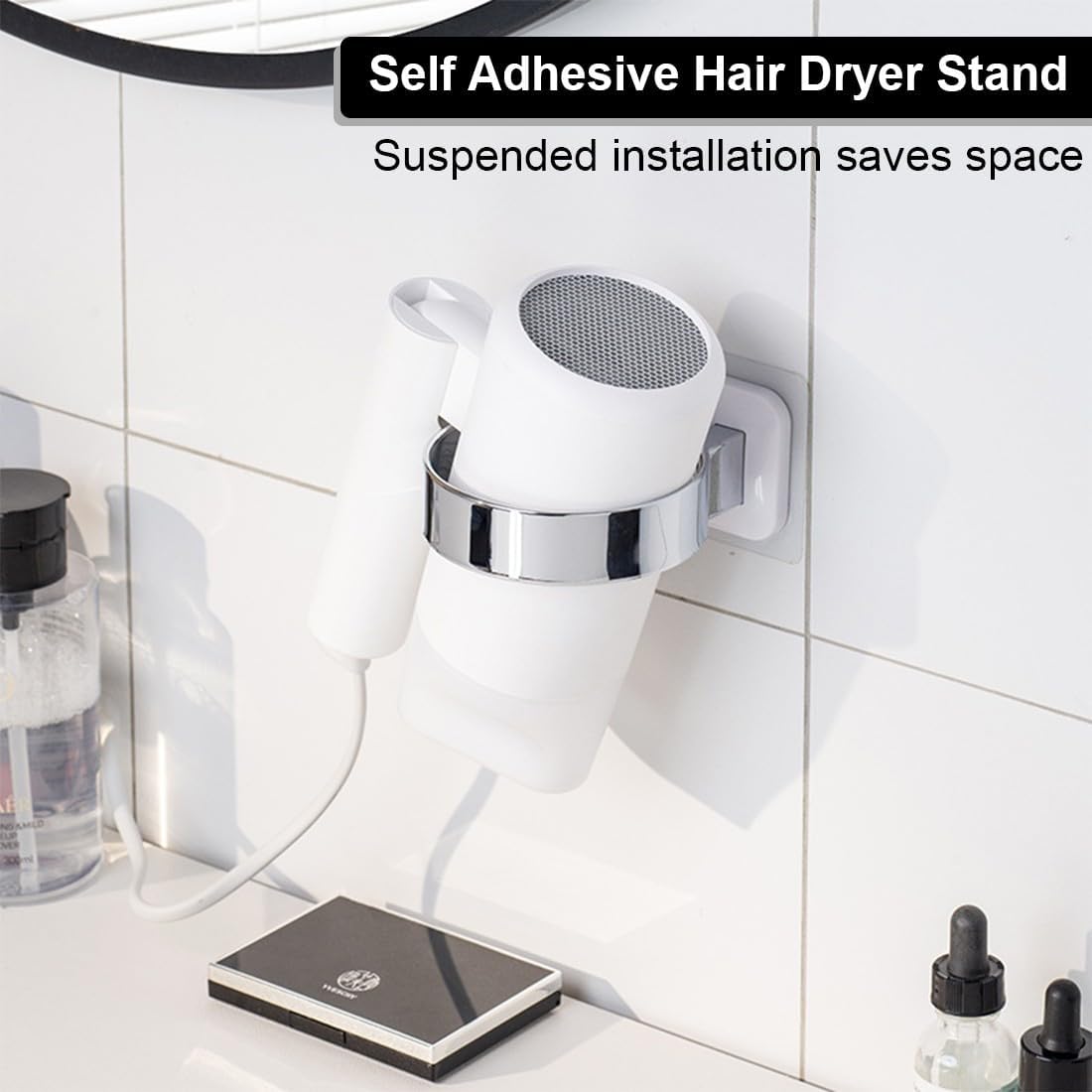 Porte sèche cheveux mural en acier inoxydable : support autocollant sans perçage pour un gain de place élégant dans votre salle de bain – Image 2