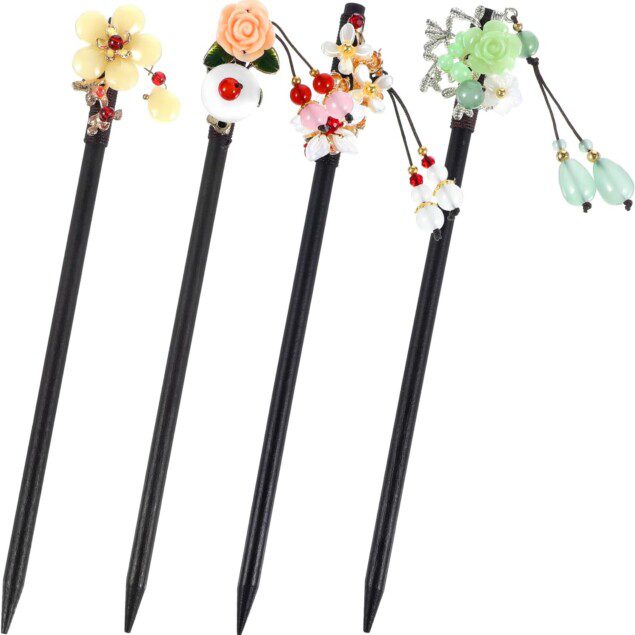 Épingles à cheveux japonaises en bois naturel : lot de 4 pour un mariage, cosplay ou la vie quotidienne avec élégance et raffinement