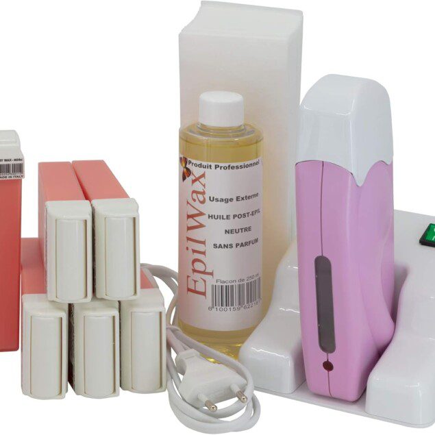 Kit chauffe cire modulaire : épilation professionnelle pour les femmes avec 6 recharges roll-on à la rose et 100 bandes