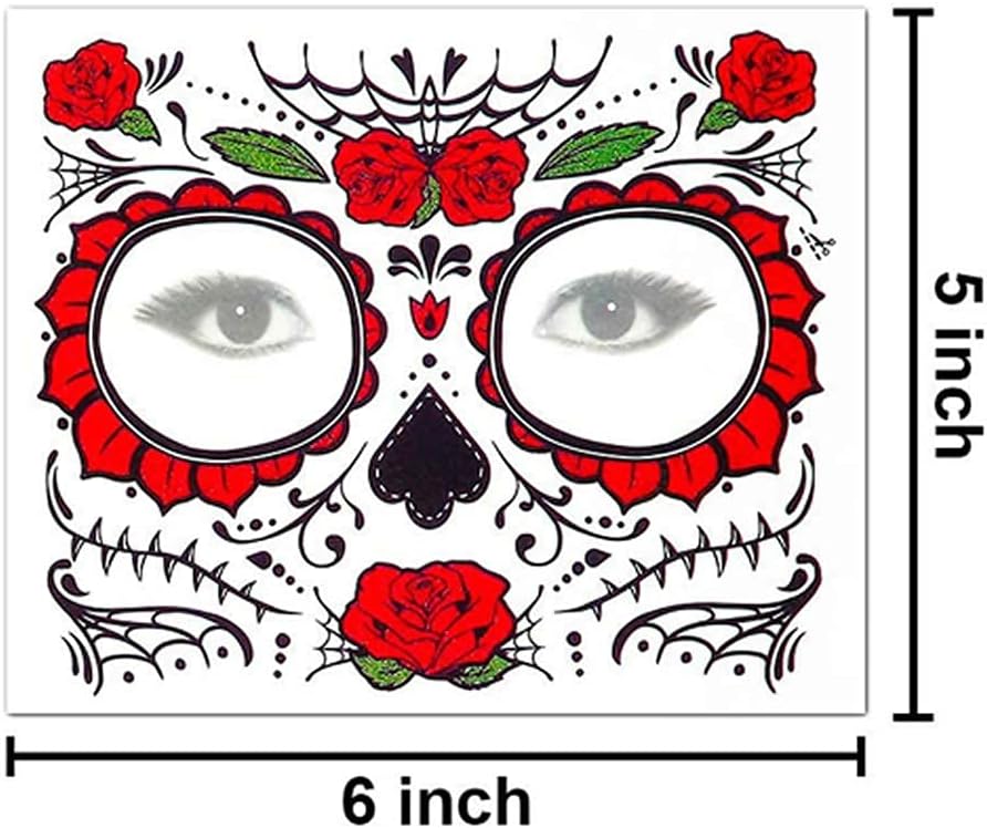 Tatouage temporaire du visage : 8 autocollants de crâne de sucre pour un maquillage Halloween captivant – Image 5