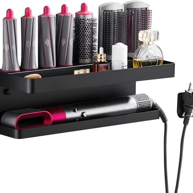Support de rangement mural : un organisateur élégant pour sèche-cheveux et Dyson Airwrap, idéal pour salle de bain d'hôtel