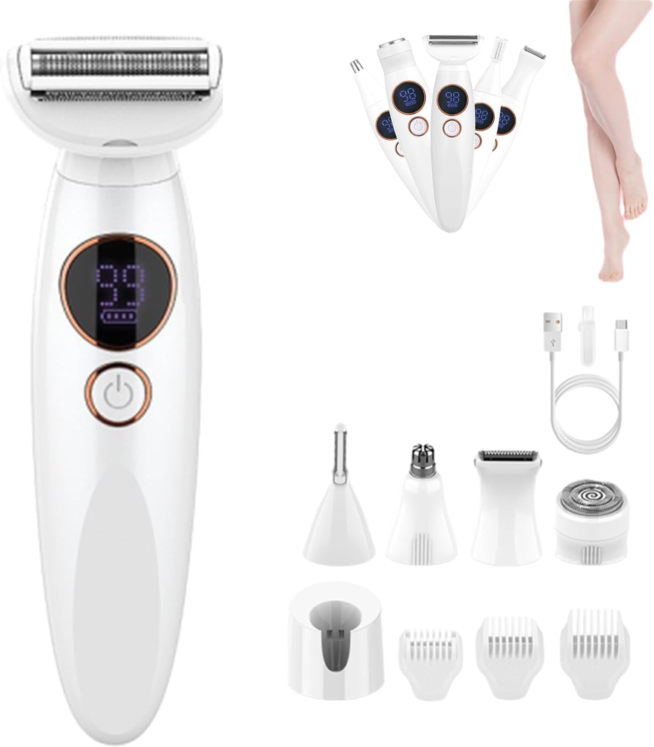 Rasoir Elios Femme 5 en 1 : le compagnon idéal pour une épilation douce et efficace   Pour les femmes en quête de polyvalence, ce rasoir électrique étanche IPX7 offre une utilisation wet & dry, un affichage numérique et un chargeur USB pour un entretien facile de tout le corps.