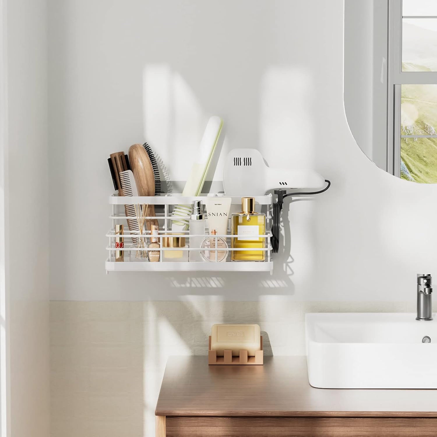 Support pour sèche-cheveux : un accessoire mural élégant pour la salle de bain Optimisez l'espace et organisez vos accessoires de coiffure avec style – Image 3