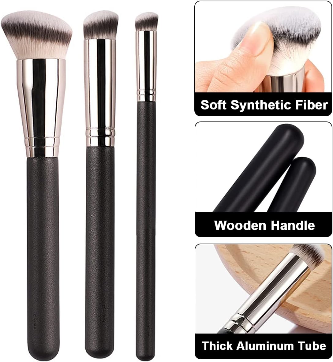 Pinceaux de maquillage professionnels : le trio essentiel pour un teint parfait Idéal pour les passionnés de beauté, pour un mélange impeccable de fond de teint, anticernes et poudre – Image 3