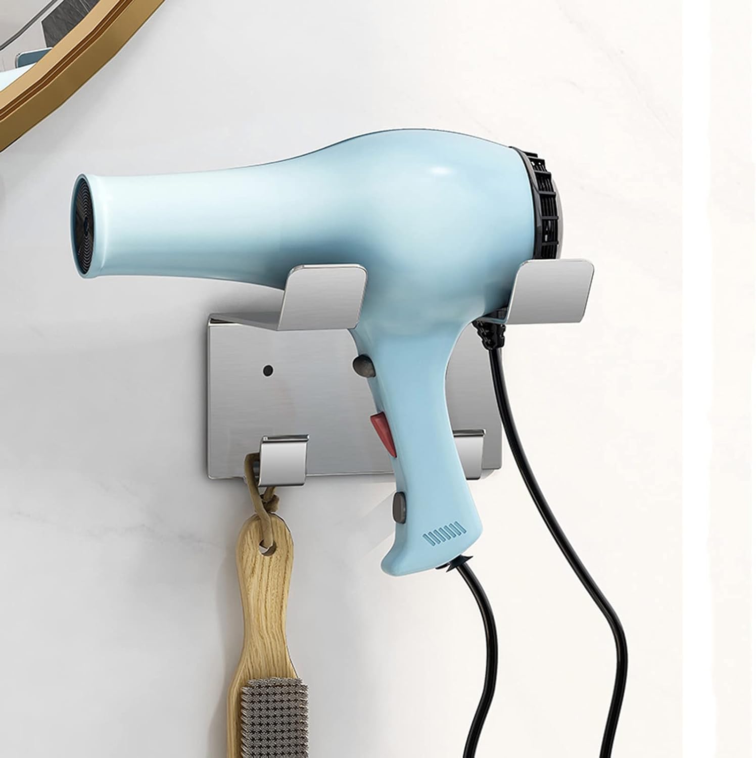 Support de sèche-cheveux en acier inoxydable : le choix idéal pour vos salles de bain modernes Organisez votre espace avec élégance grâce à un support sans perçage et des crochets pratiques – Image 4