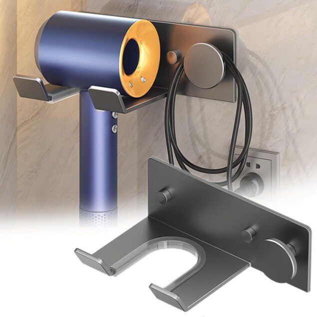 Support de sèche cheveux : solution pratique et élégante pour votre salle de bain  
Support mural universel avec coussinet en silicone, idéal sans perçage  