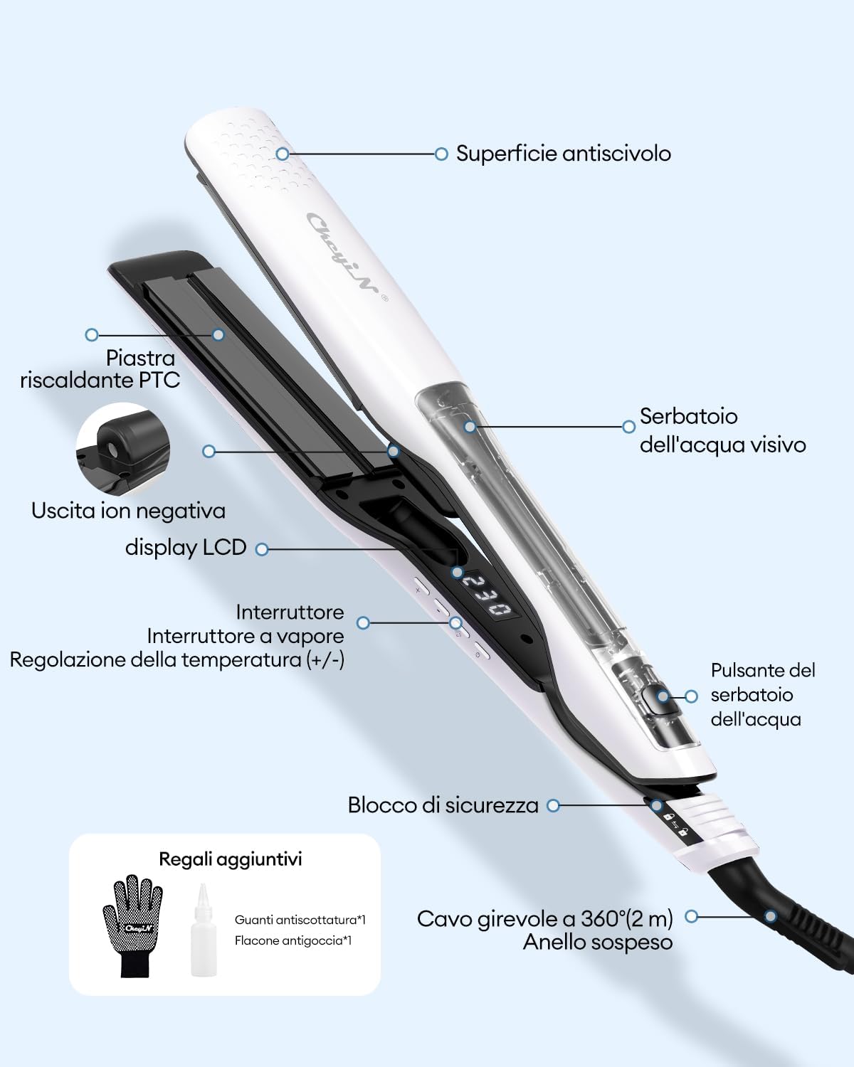 Fer à lisser à vapeur : le choix idéal pour des coiffures lisses et brillantes Découvrez le fer plat à large plaque en céramique de 1,6 pouces avec écran LCD, idéal pour les femmes pressées souhaitant un coiffage rapide et sécurisé grâce à son arrêt automatique après 60 minutes. – Image 9
