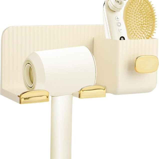 Porte sèche-cheveux mural en or crème : support élégant à deux compartiments pour un gain de place optimal