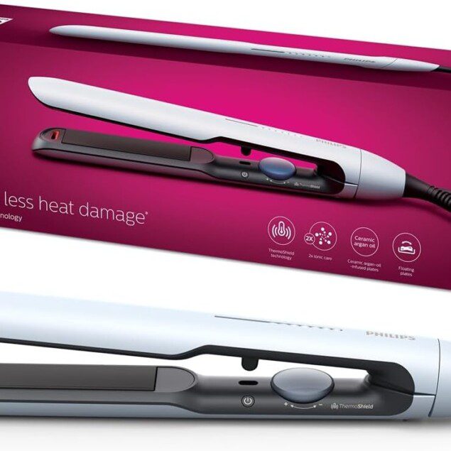 Fer à lisser série 5000 : lissage parfait pour tous les types de cheveux   Découvrez la technologie ThermoShield pour une protection optimale et une brillance éclatante