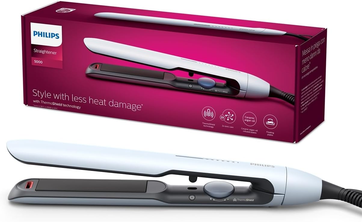 Fer à lisser série 5000 : lissage parfait pour tous les types de cheveux   Découvrez la technologie ThermoShield pour une protection optimale et une brillance éclatante