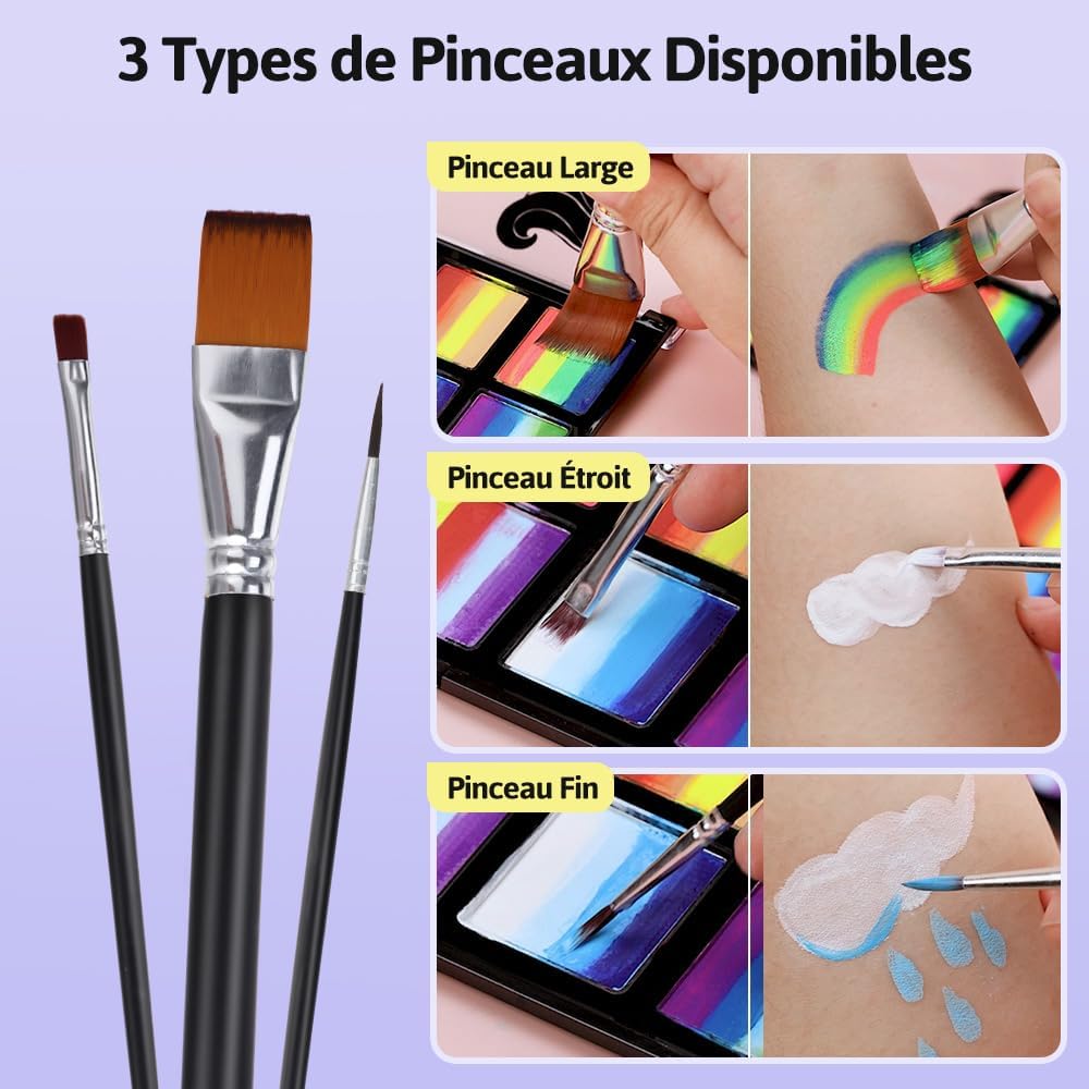 Palette de maquillage enfant : 34 couleurs fluorescentes UV pour des fêtes inoubliables Idéale pour carnaval, Halloween et anniversaires, ce kit inclut 3 pinceaux pour une créativité sans limites – Image 5