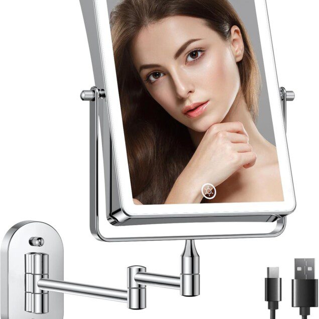 Rechargeable : miroir de maquillage avec LED grossissant x10 pour un rasage et une mise en beauté parfaits Miroir mural 360° pivotant à trois couleurs de luminosité, idéal pour coiffeuse et salle de bain