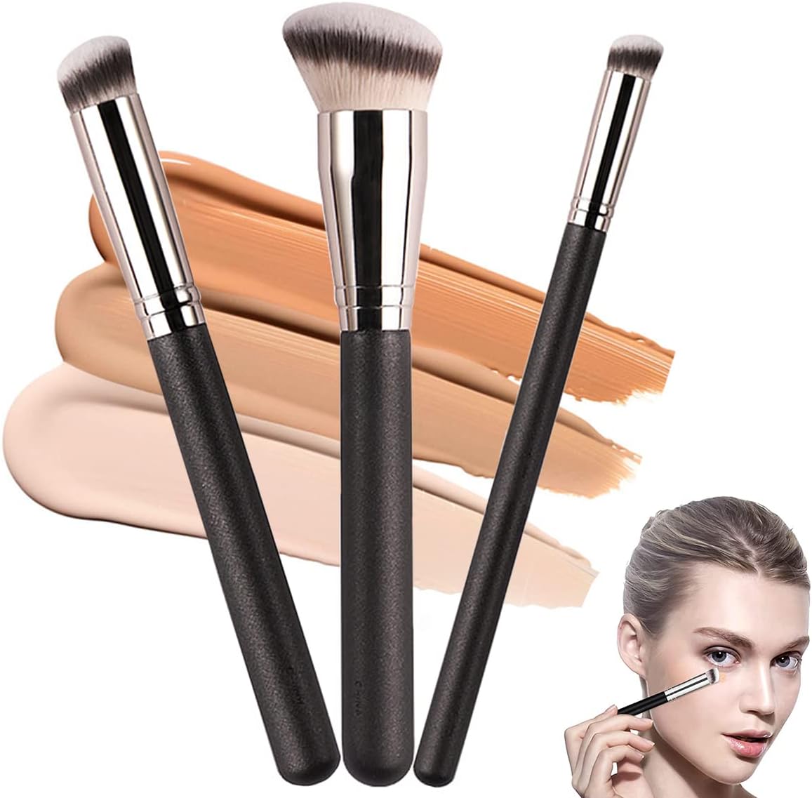 Pinceaux de maquillage professionnels : le trio essentiel pour un teint parfait   Idéal pour les passionnés de beauté, pour un mélange impeccable de fond de teint, anticernes et poudre
