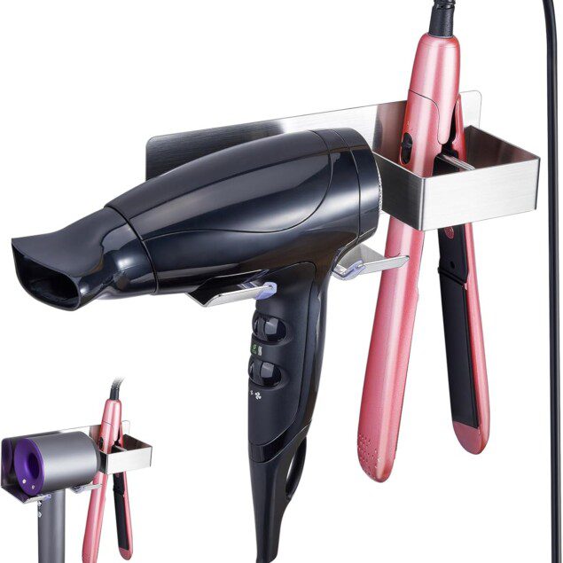 Porte sèche-cheveux mural en acier inoxydable : le support idéal pour votre salle de bain   Pour un rangement élégant et pratique, sans perçage