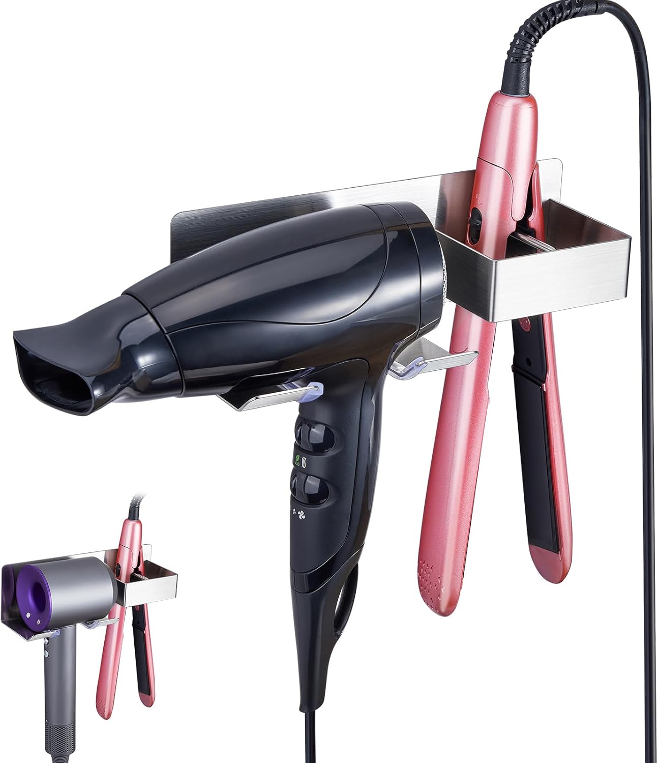 Porte sèche-cheveux mural en acier inoxydable : le support idéal pour votre salle de bain   Pour un rangement élégant et pratique, sans perçage