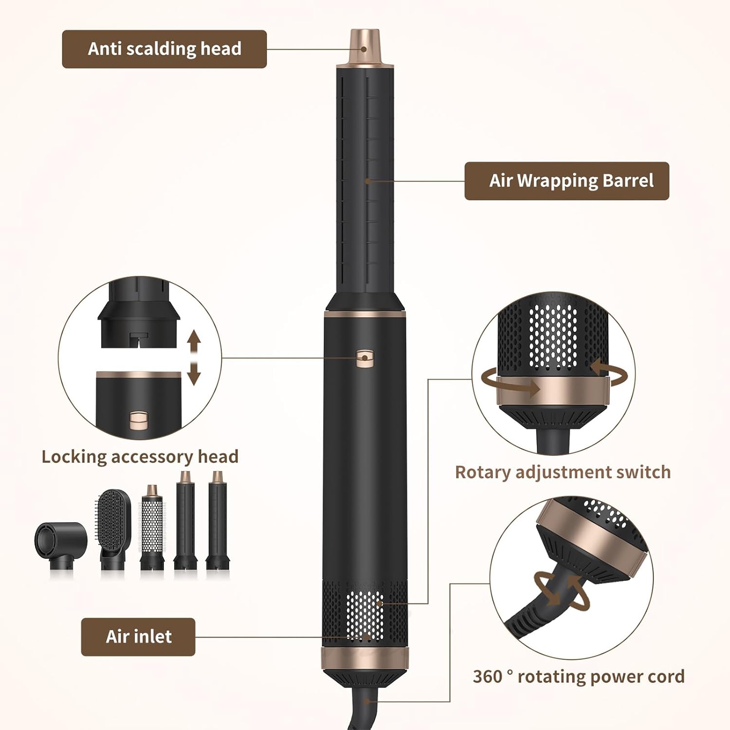 Sèche-cheveux 5 en 1 : la brosse soufflante idéale pour cheveux bouclés et lissés Transformez votre coiffure avec notre air styler multifonction à 5 têtes interchangeables – Image 8