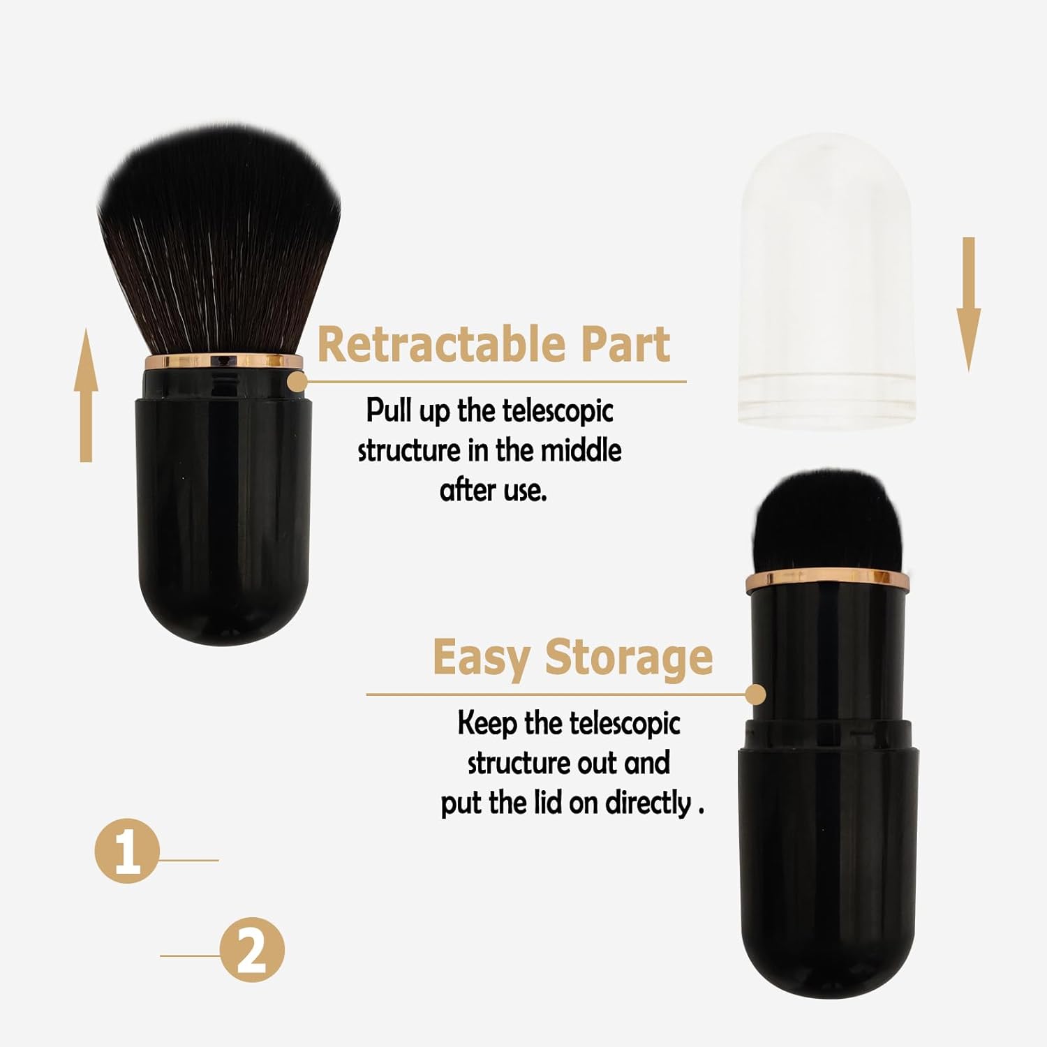 Pinceaux de maquillage rétractables : lot de 2 pour un teint parfait en voyage Idéal pour fond de teint, poudre et blush avec couvercle pratique – Image 2