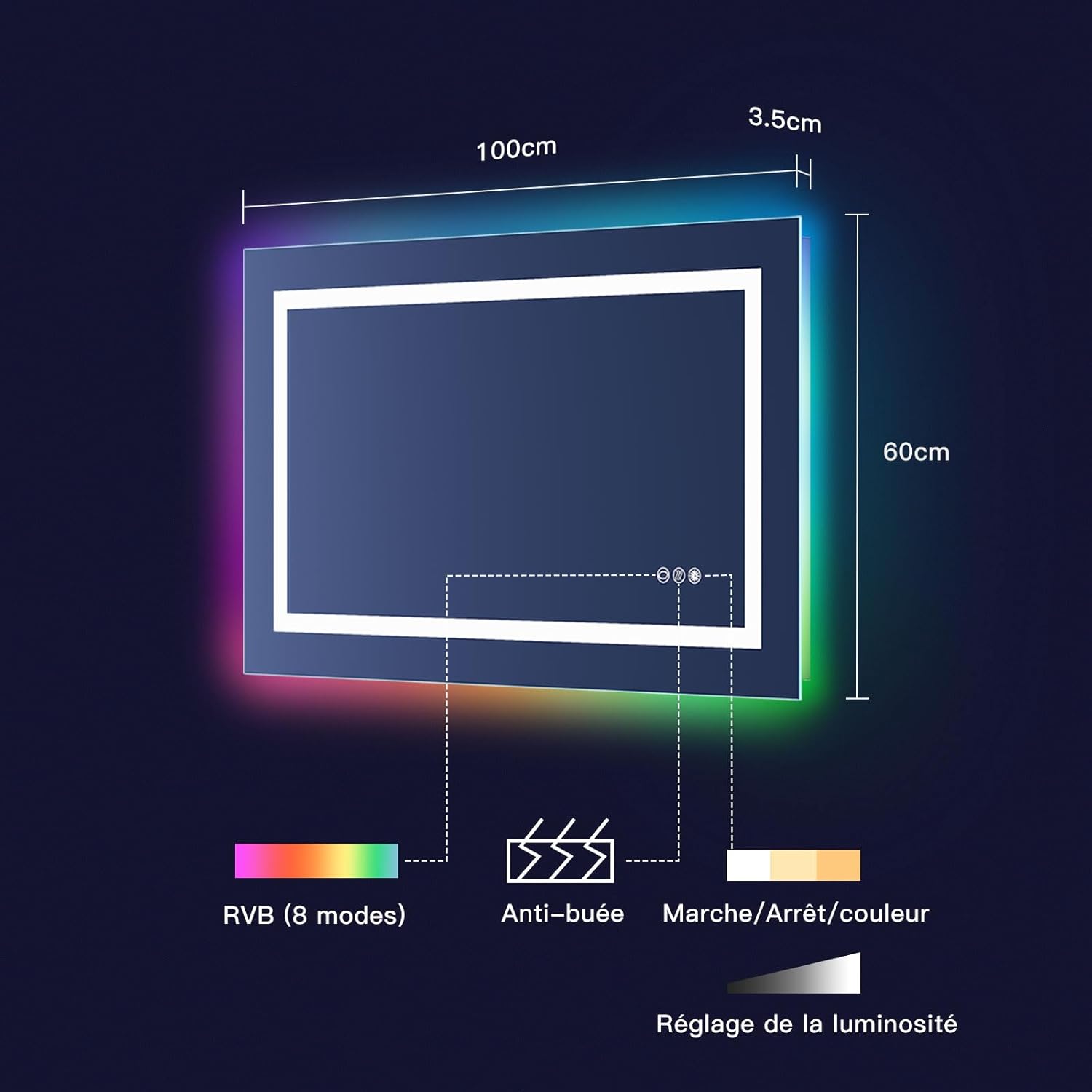 Miroir LED anti-buée 100x60 cm : l'élégance pour votre salle de bain avec éclairage RGB multicolore – Image 7
