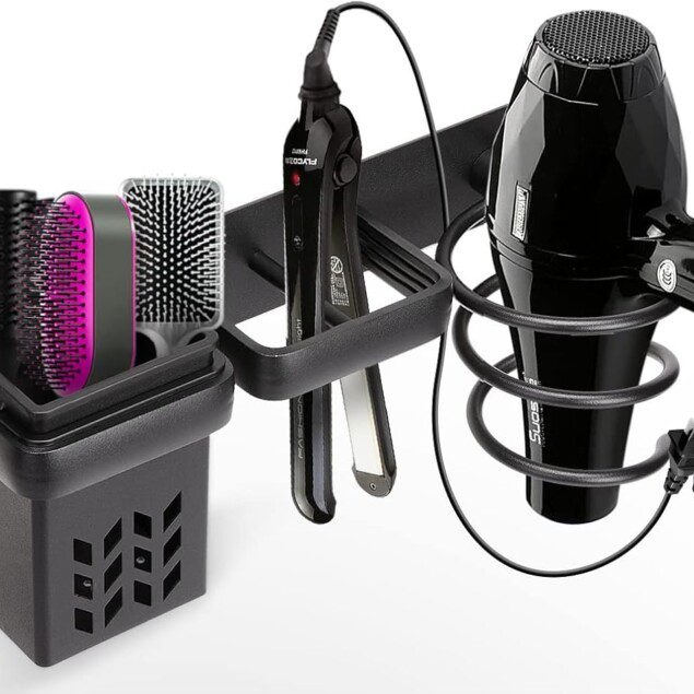 Porte sèche-cheveux en aluminium : rangement élégant pour salle de bain et hôtel   Organisateur mural noir pour accessoires de coiffure, pratique et design