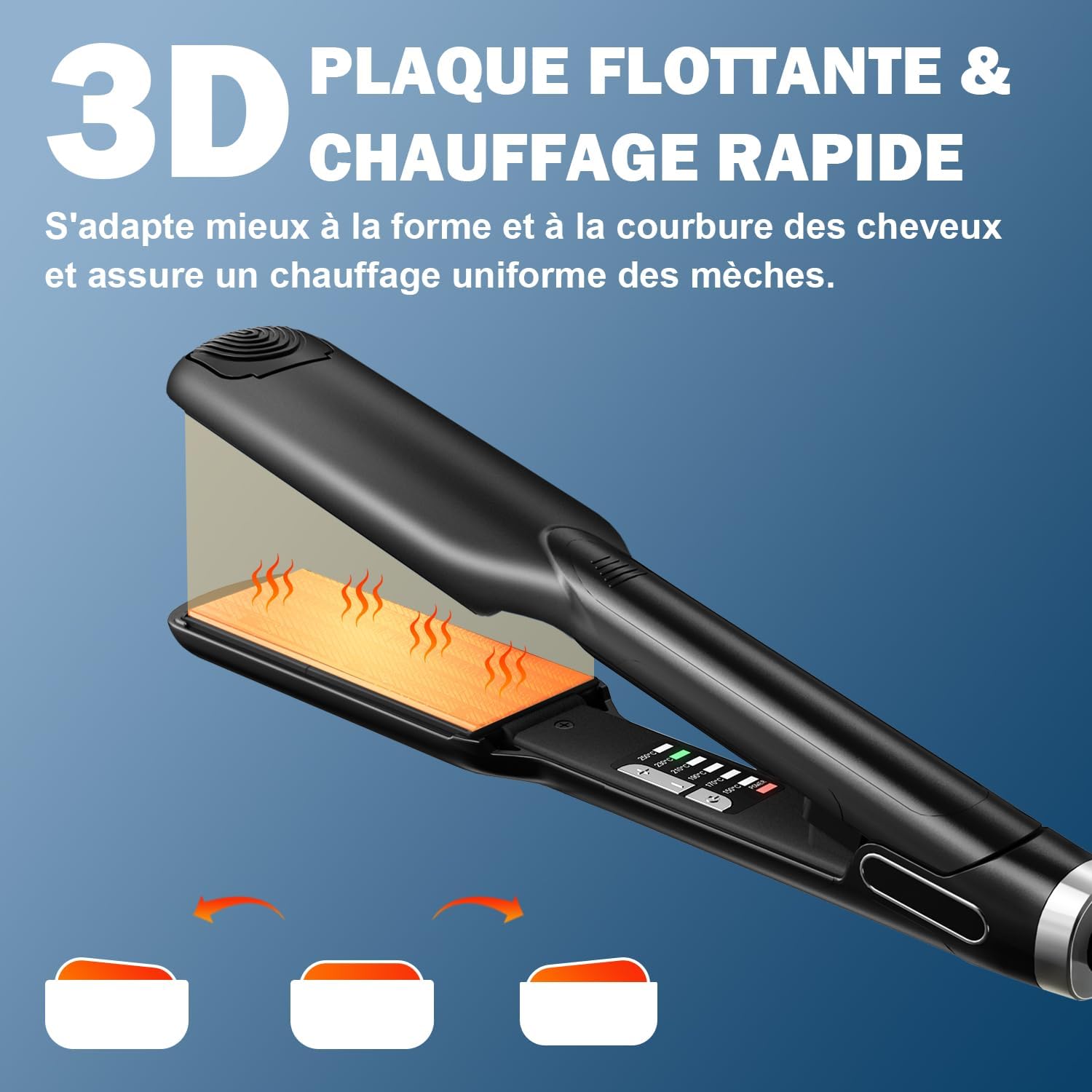 Lisseur plaque large de 44mm : l'outil idéal pour des cheveux sublimes en un temps record Chauffage rapide en 30 secondes et 6 niveaux de température pour tous les types de cheveux – Image 2