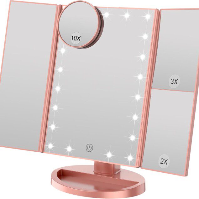 Miroir de maquillage éclairé pour les passionnées de beauté : grossissement 3X et 2X avec éclairage LED naturel et interrupteur tactile