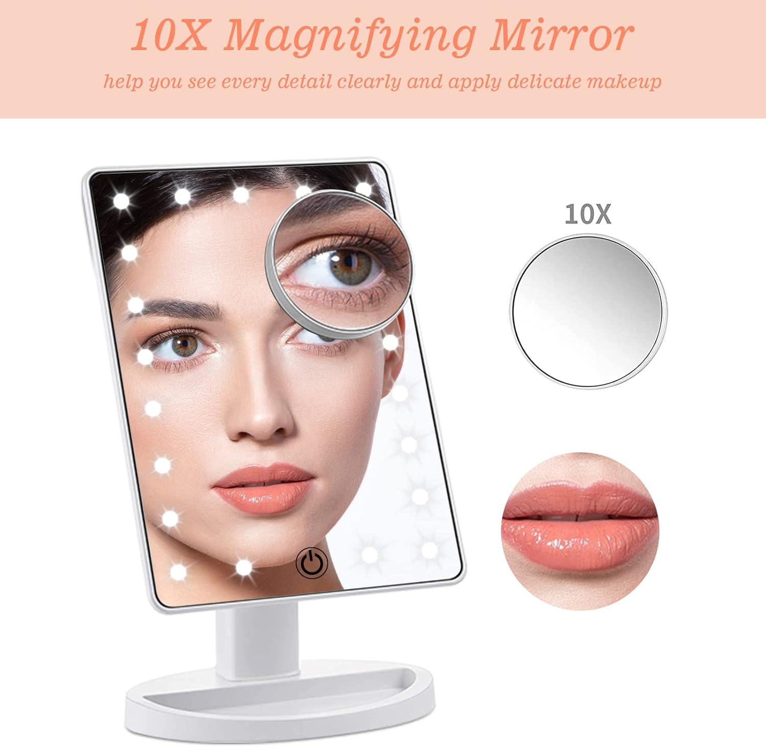 Miroir de maquillage avec lumières : la touche élégante pour les voyages et la courtoisie Optimisé pour les passionnées de beauté, ce miroir de table à 21 lumières LED et écran tactile offre un agrandissement 10x et une rotation libre à 180°, pour un maquillage parfait en toutes circonstances. – Image 4