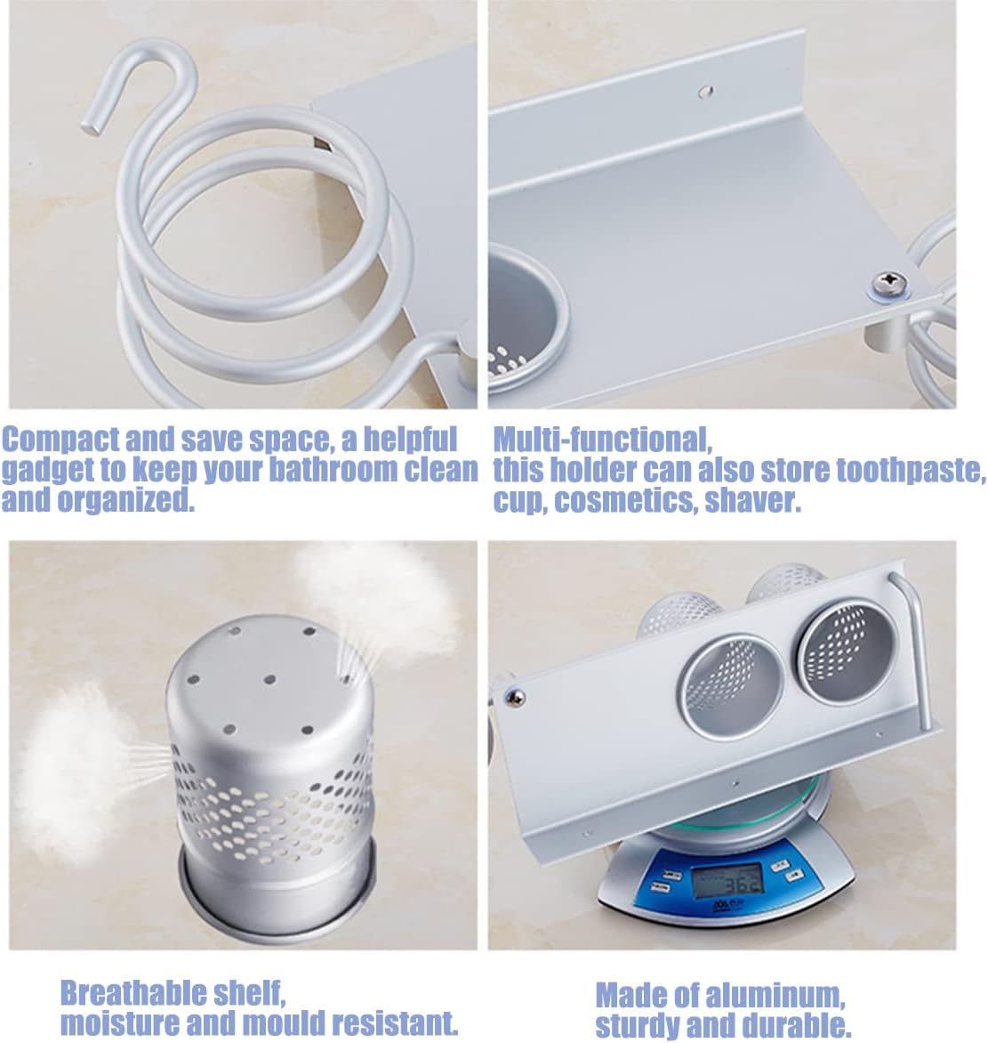 Porte sèche cheveux mural en aluminium : un support élégant pour votre salle de bain Idéal pour les hôtels et les chambres à coucher, il garde vos appareils bien rangés et accessibles – Image 2
