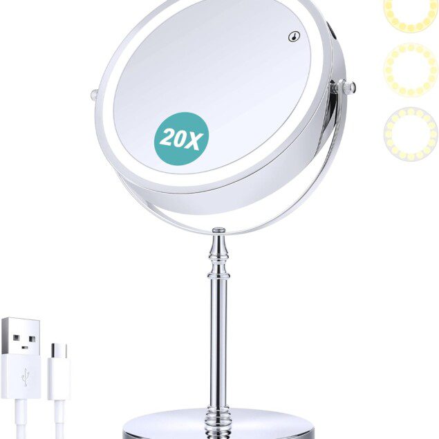 Miroir grossissant avec lumière : un indispensable pour les passionnés de beauté Découvrez le miroir grossissant rechargeable de 20 cm, idéal pour un maquillage précis avec ses 3 modes d'éclairage LED et sa fonction double face 1X/20X.
