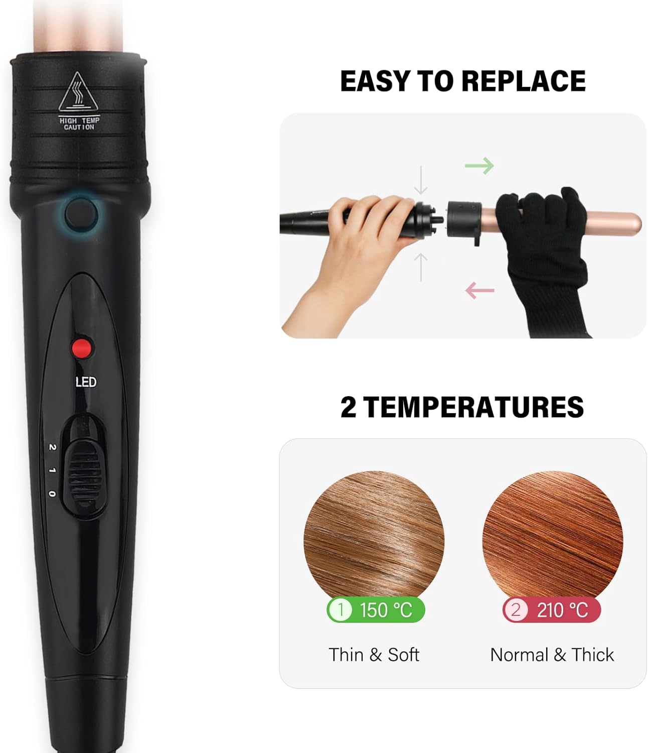 Fer à boucler 5 en 1 : l’outil essentiel pour des coiffures élégantes et variées Pour les passionnées de coiffure, ce boucleur céramique de 10 à 32 mm allie performance et style, avec des températures réglables de 150°C à 210°C, un gant de protection et des accessoires pratiques inclus. – Image 4