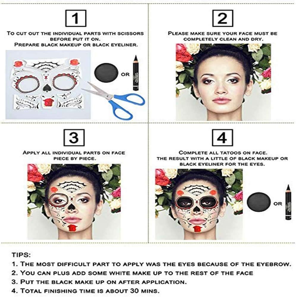 Tatouage temporaire du visage : 8 autocollants de crâne de sucre pour un maquillage Halloween captivant – Image 4